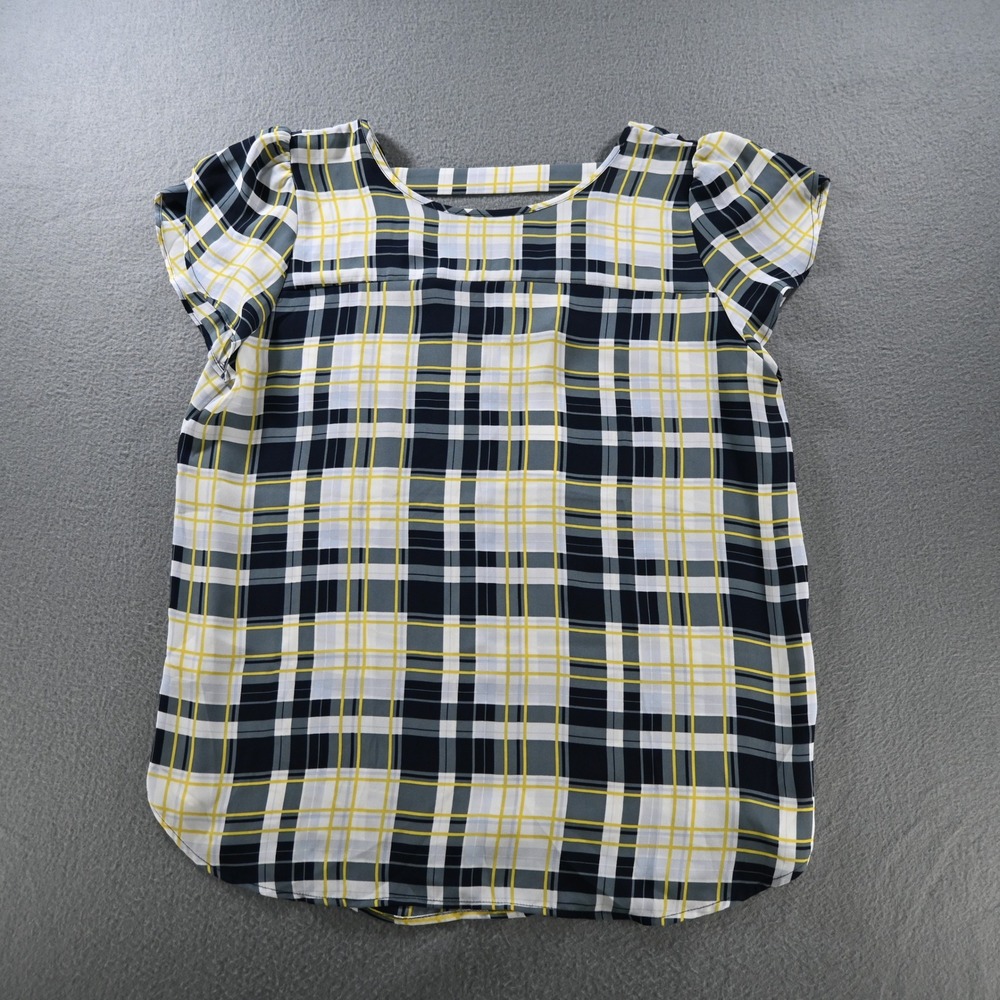 LOFT Outlet Womens Plaid V-Neck Cap Sleeve Blouse Size M Navy Yellow White New